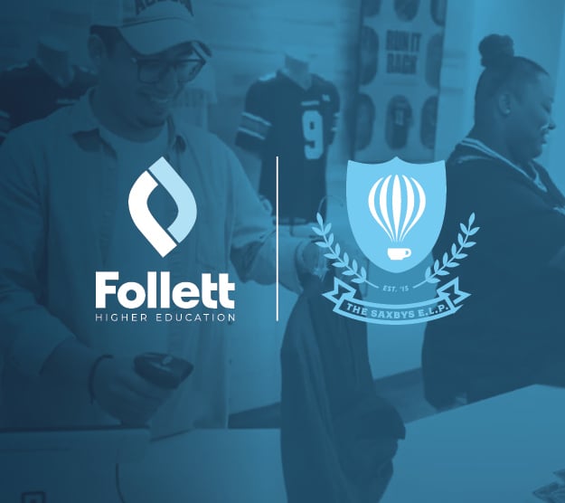 Follett and Saxby logos over an image of students at a campus store