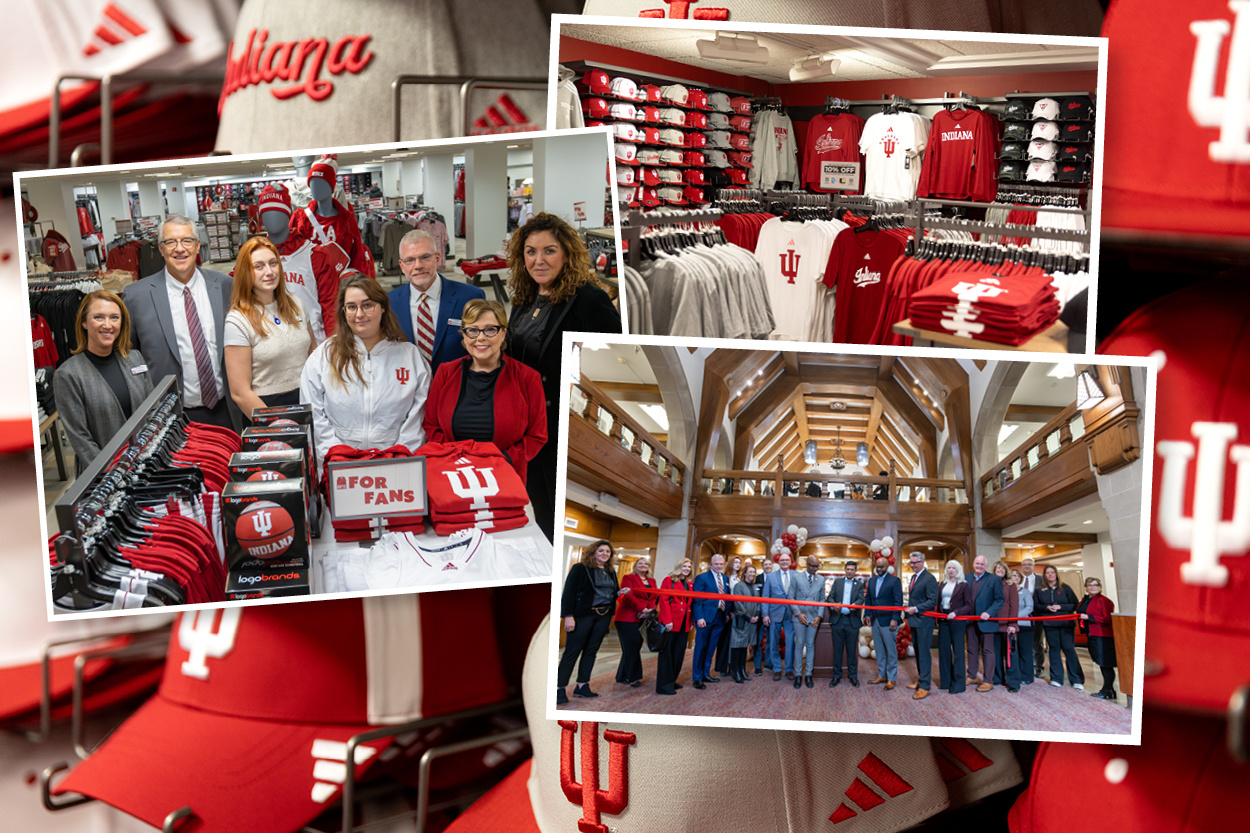 IU store collage with staff members and ribbon cutting ceremony